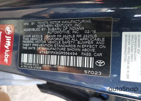 2016 Toyota Camry Le из США, поврежденный, VIN 4T4BF1FK9GR556494